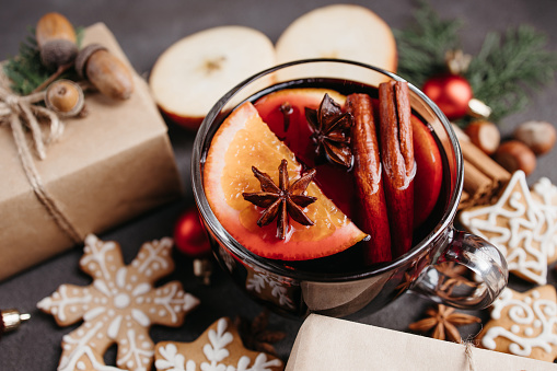 mulled wine and Christmas wrapping